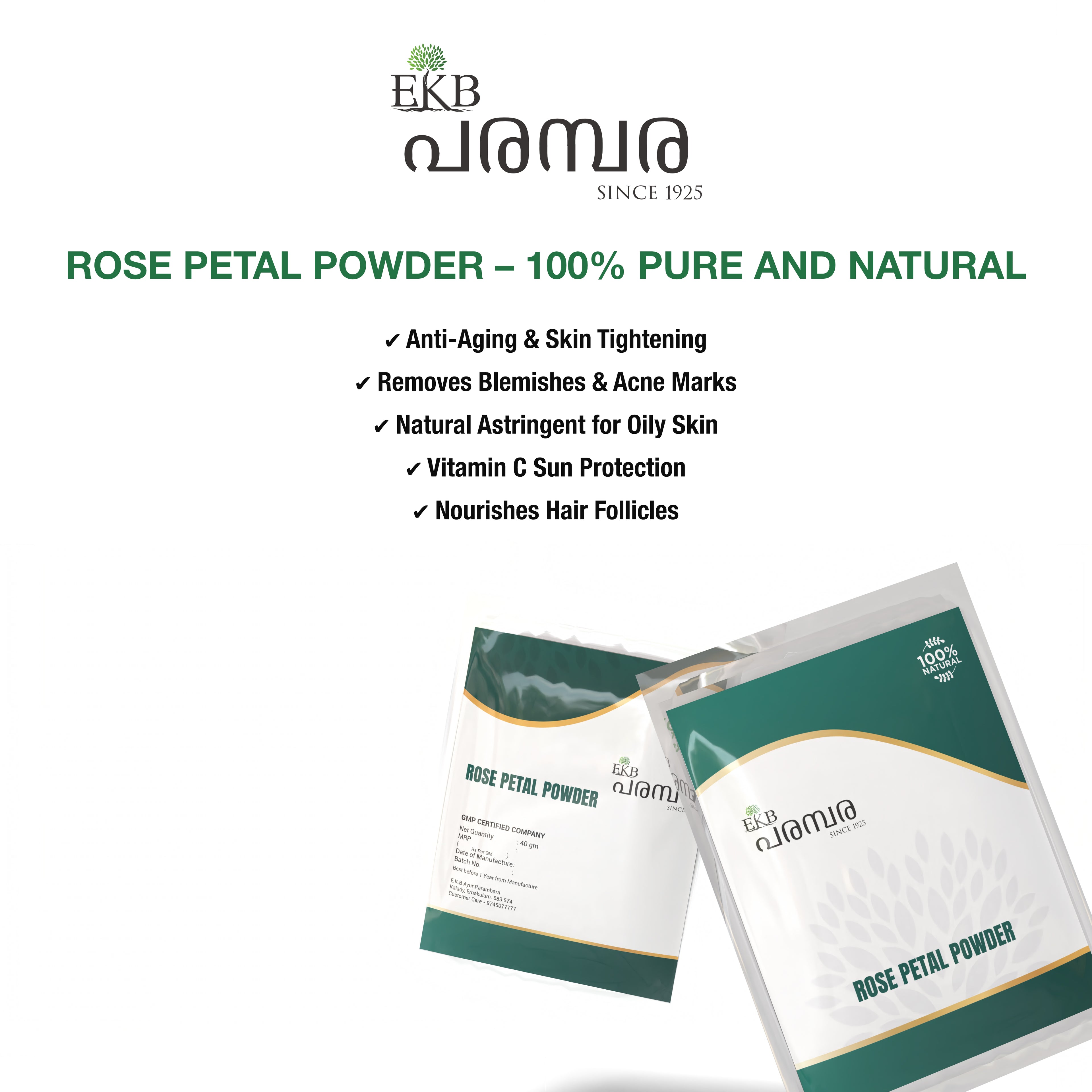 Pure Rose Petal Powder | Anti-Aging, Skin Brightening & Natural Astringent | For Face Packs, Hair Care & Ubtan